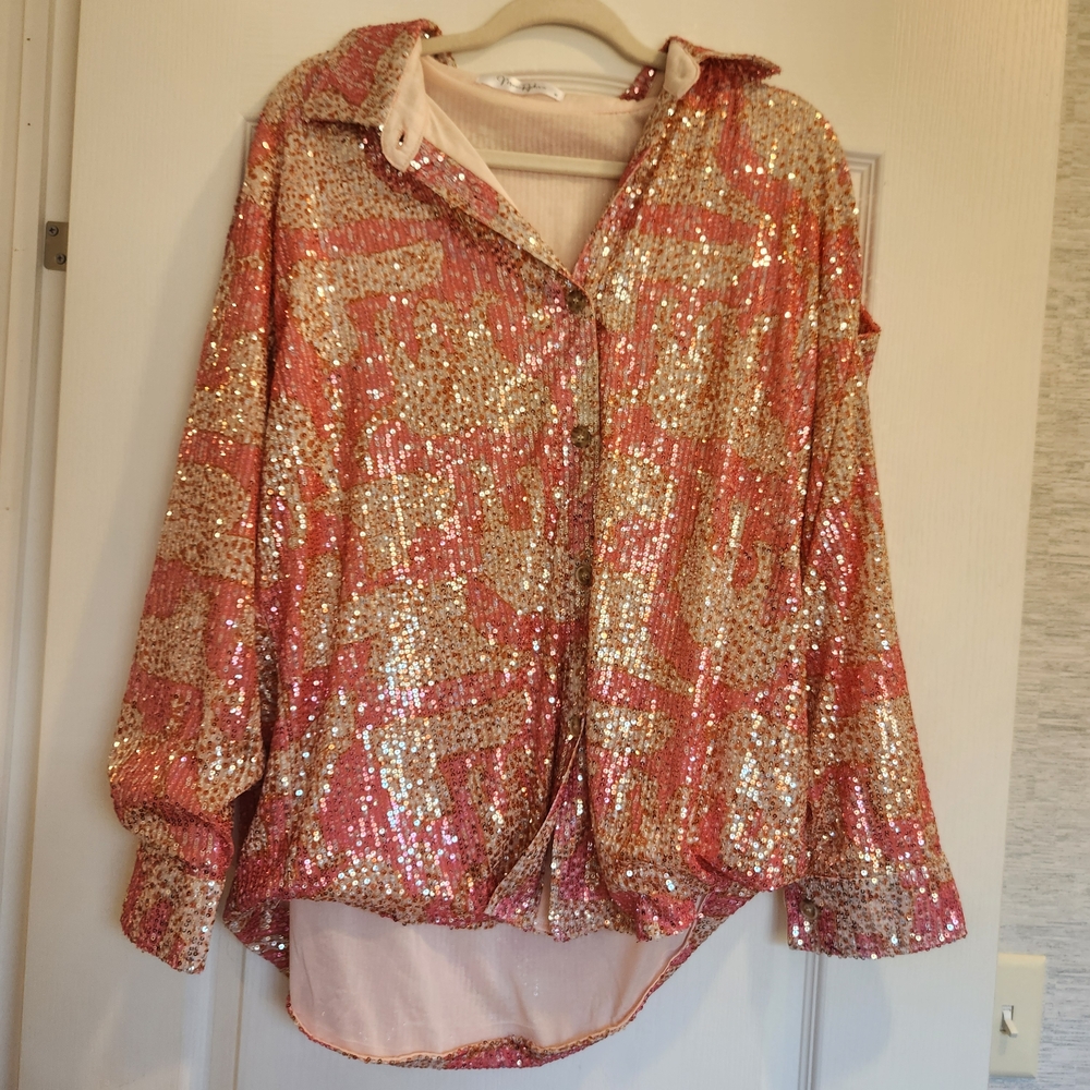 Moon Ryder Womems Sequin Button Down Shirt - Pink and Gold Size M Euc